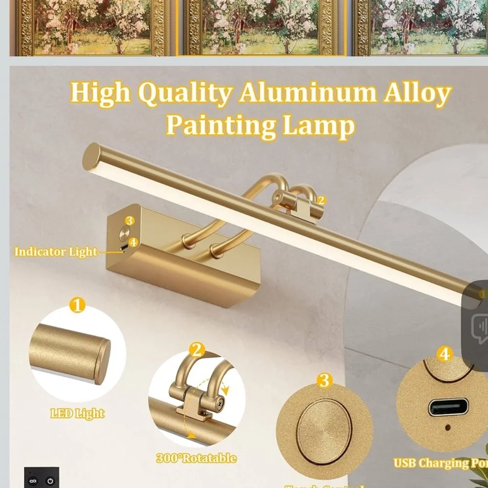 Battery operated picture light for wall 4000mah cordless wall lamp for painting